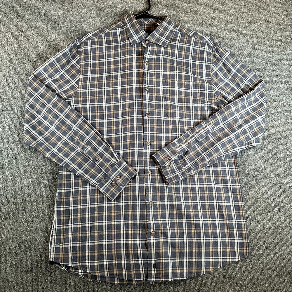johnnie-O Top Shelf Men’s L Blue Tan Plaid Button Down Shirt 100% Cotton